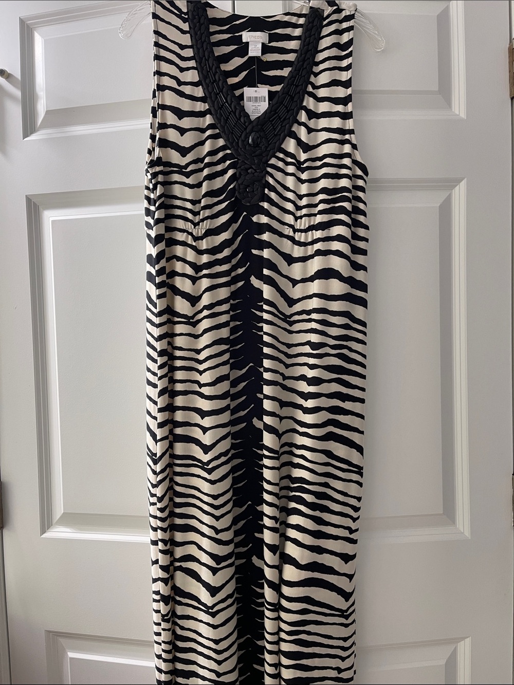 Chico's Black and Cream Zebra-Print Maxi Dress with Braided Embellished V-Neck